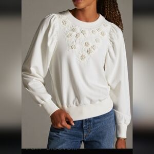Anthropologie Cream Embroidered Puff-Sleeve Sweatshirt Cotton Size XS Oversized